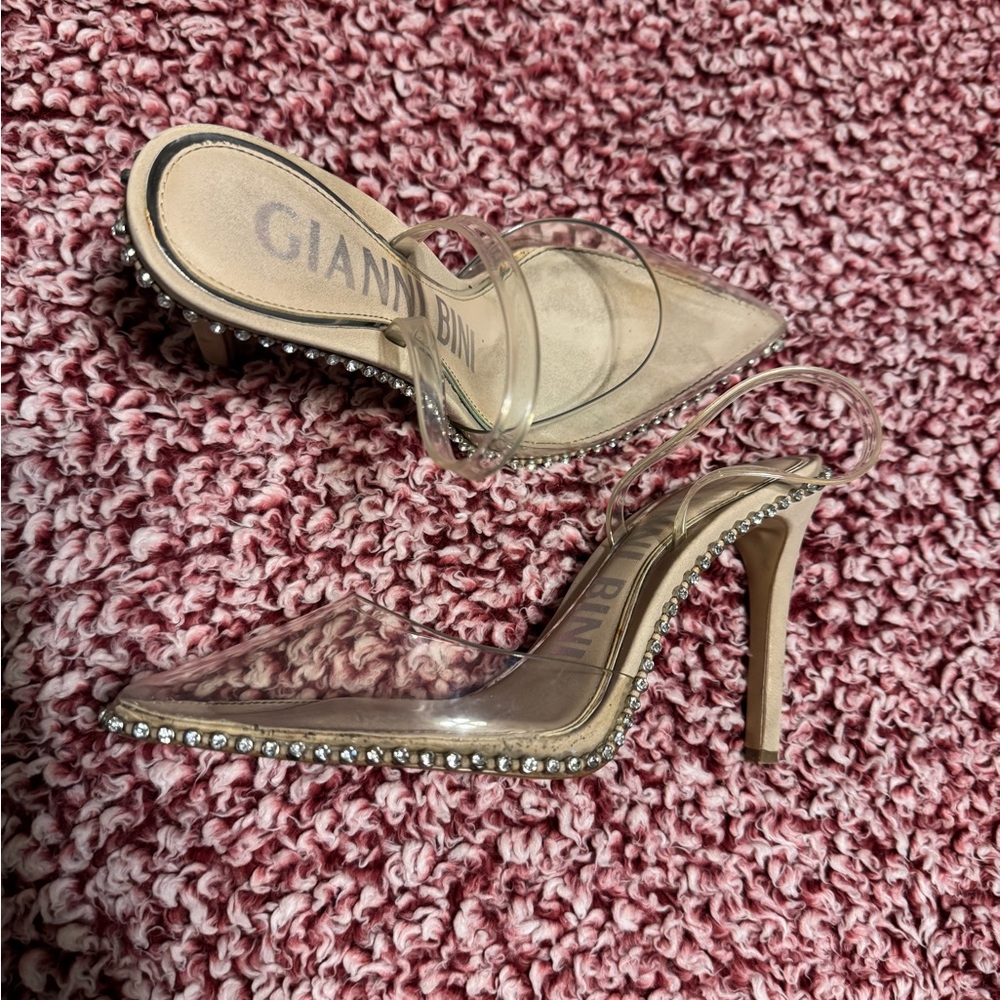 Gianni Bini Clear Pointed Toe Heels with Rhinestone Trim - Nude